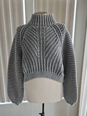Free People Gray Cable-Knit Cropped Turtleneck Sweater
